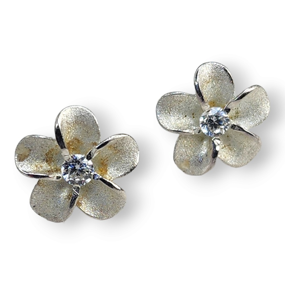Vintage Sterling Silver 925 Clear Rhinestone Tiny Stud Flower‎ Earrings
